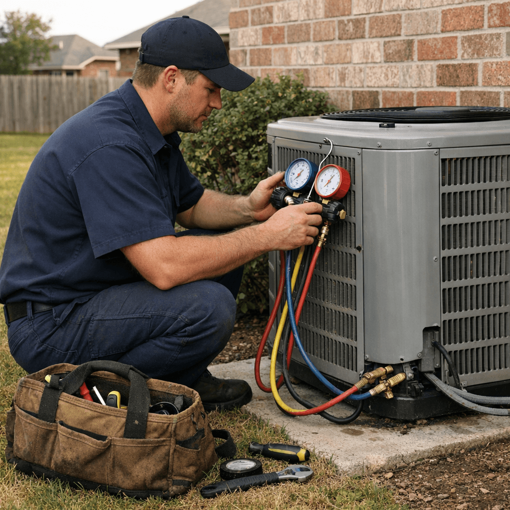 HVAC technician diagnosing an outdoor AC unit at a Waco-area home.