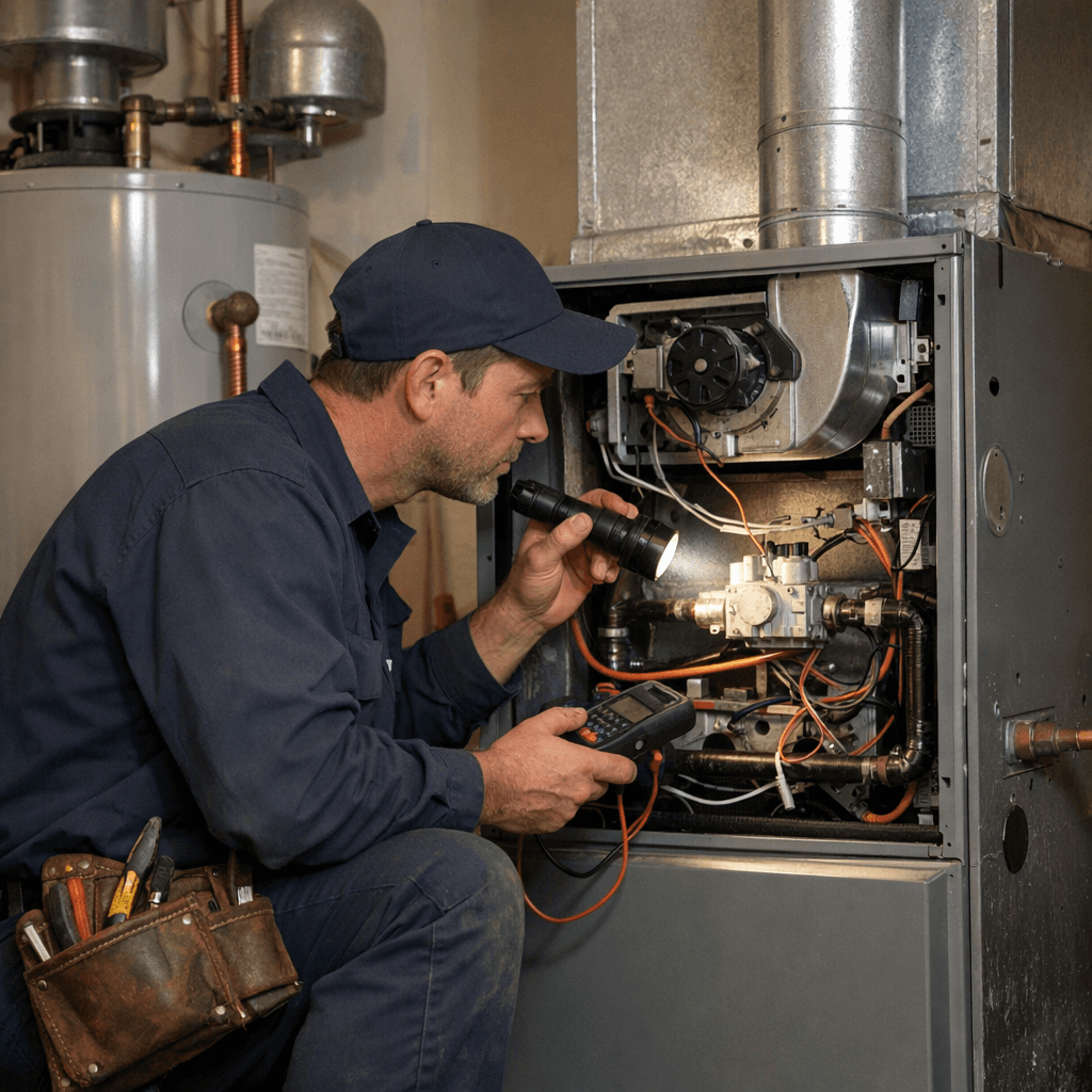 Technician inspecting a residential furnace with a flashlight.