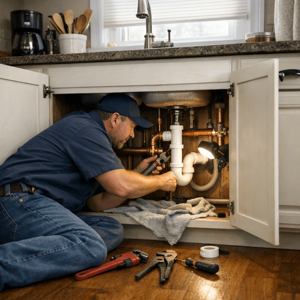 Plumber repairing copper pipes under a kitchen sink.