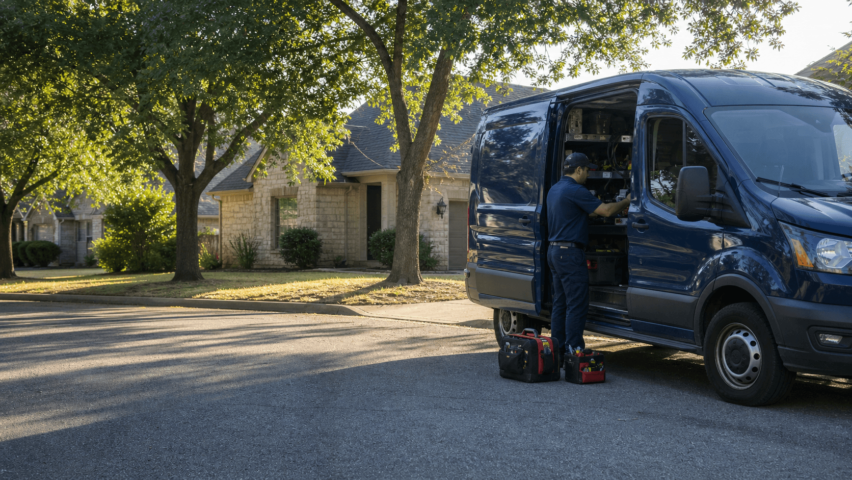 Technician preparing a service van for a Waco-area HVAC and plumbing dispatch.